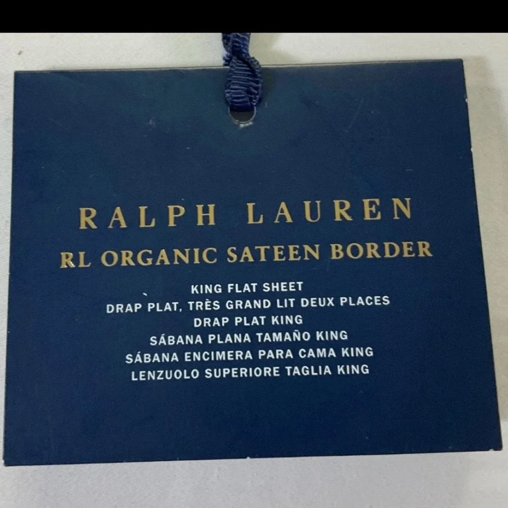 NWT Ralph Lauren Organic Sateen Border King Flat Sheet‎ 624 TC Navy White $215